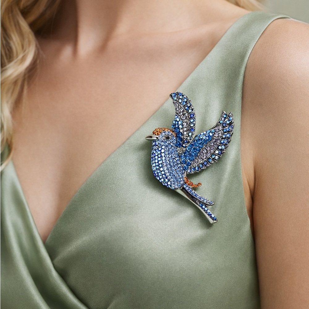 Exquisite Blue Crystal Bird Brooch